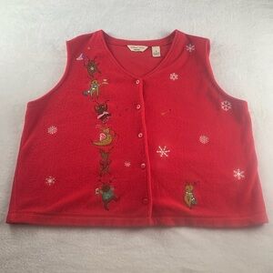 Vintage Christmas Red Fleece Sweater Vest Festive Reindeer‎ Holiday Womens Sz 1x